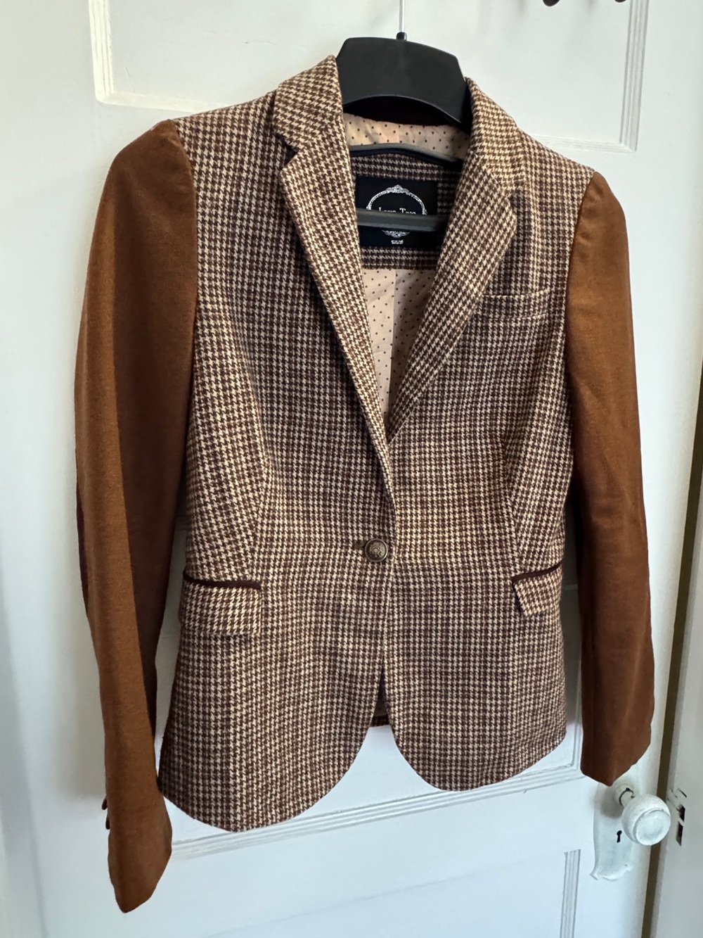 Houndstooth Blazer Wool Blend w/ Suede Elbow Patches Preppy Equestrian S